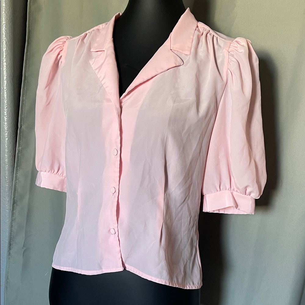 Light Pink Puff Sleeve Button-Front Blouse